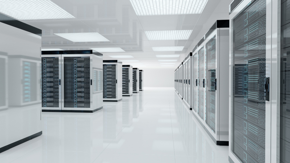 White servers data center room with computers and storage systems 3D rendering